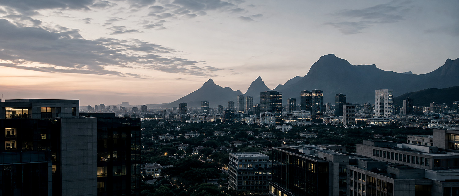 A financial district at dusk, mountains rising behind the skyline