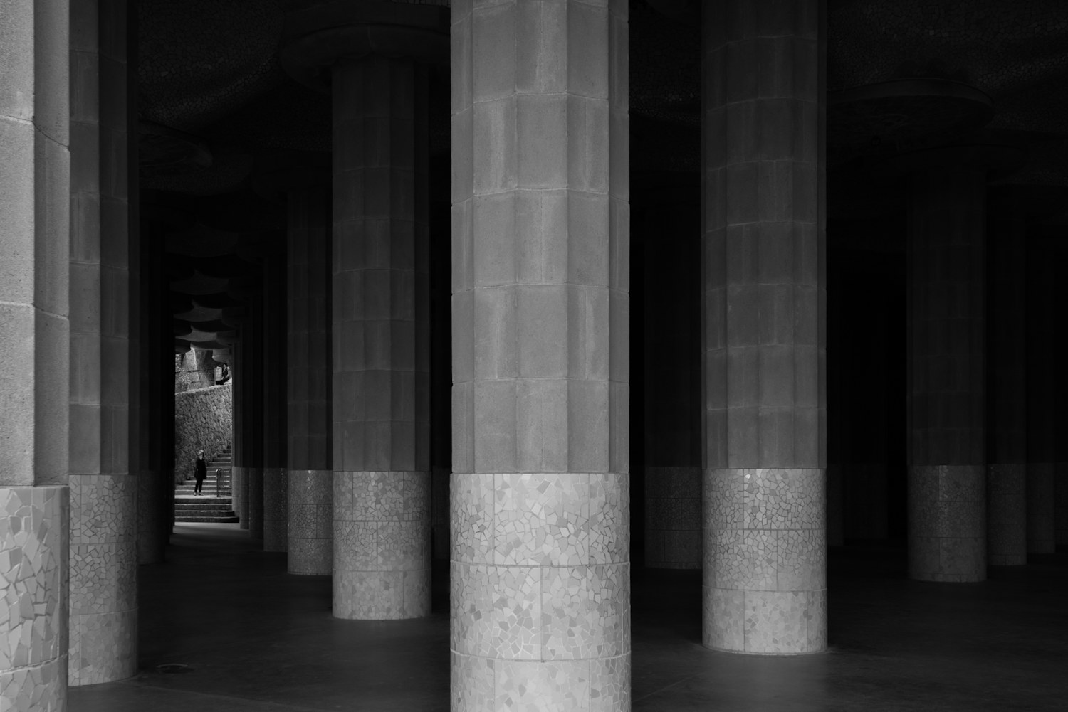 A row of stone support pillars in monochrome
